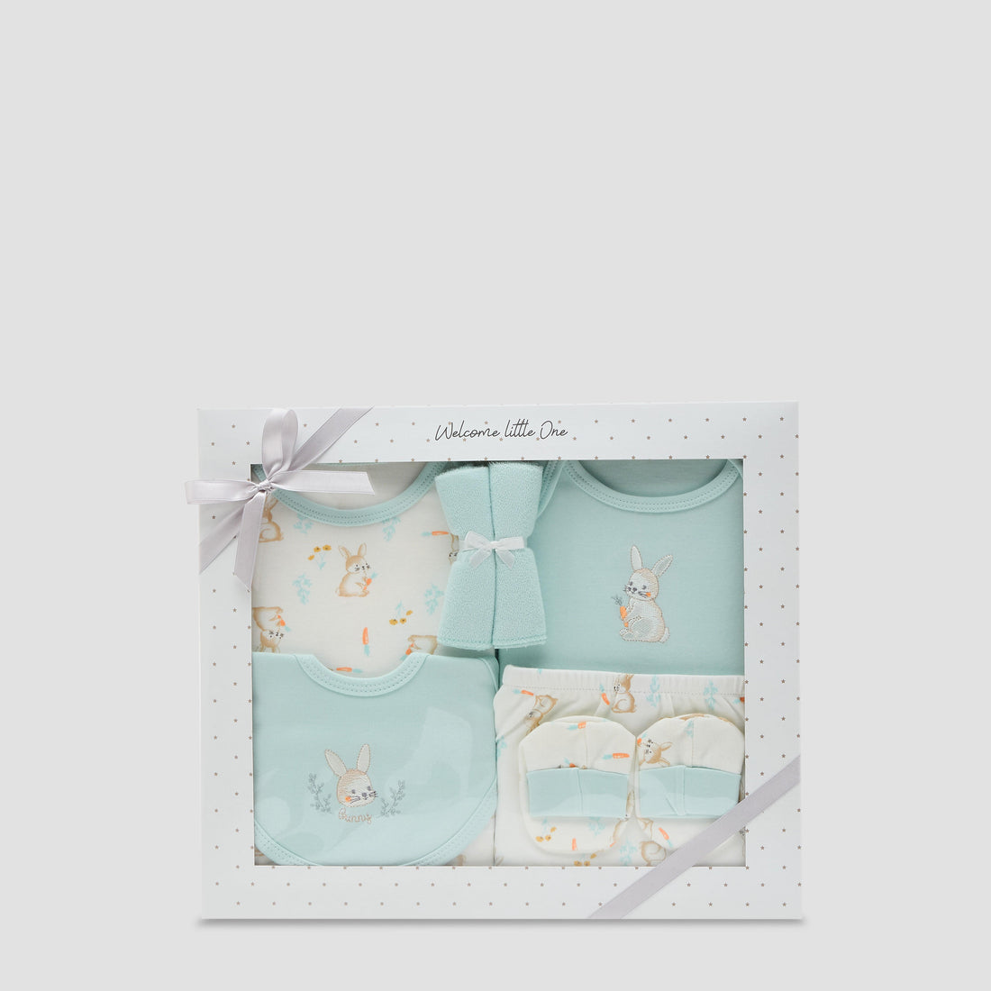 Juniors Girls 7-Piece Gift Set - Soft Cotton - Bodysuit, Bib, Booties - Bunny Print - Green / 0-3 mths
