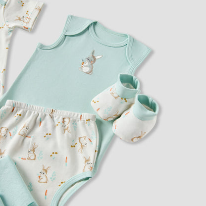 Juniors Girls 7-Piece Gift Set - Soft Cotton - Bodysuit, Bib, Booties - Bunny Print