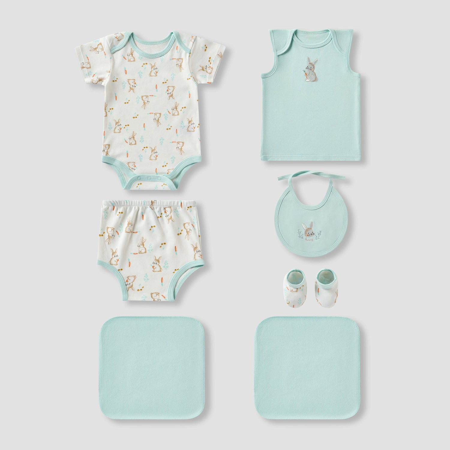 Juniors Girls 7-Piece Gift Set - Soft Cotton - Bodysuit, Bib, Booties - Bunny Print