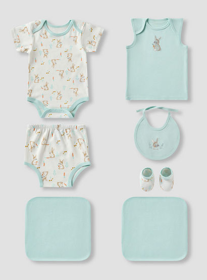 Juniors Girls 7-Piece Gift Set - Soft Cotton - Bodysuit, Bib, Booties - Bunny Print-baby-girls-clothing-setsandcoords-image-2