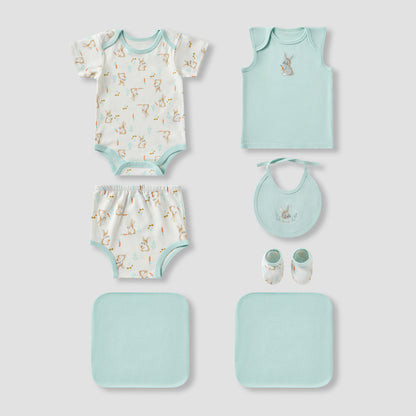 Juniors Girls 7-Piece Gift Set - Soft Cotton - Bodysuit, Bib, Booties - Bunny Print