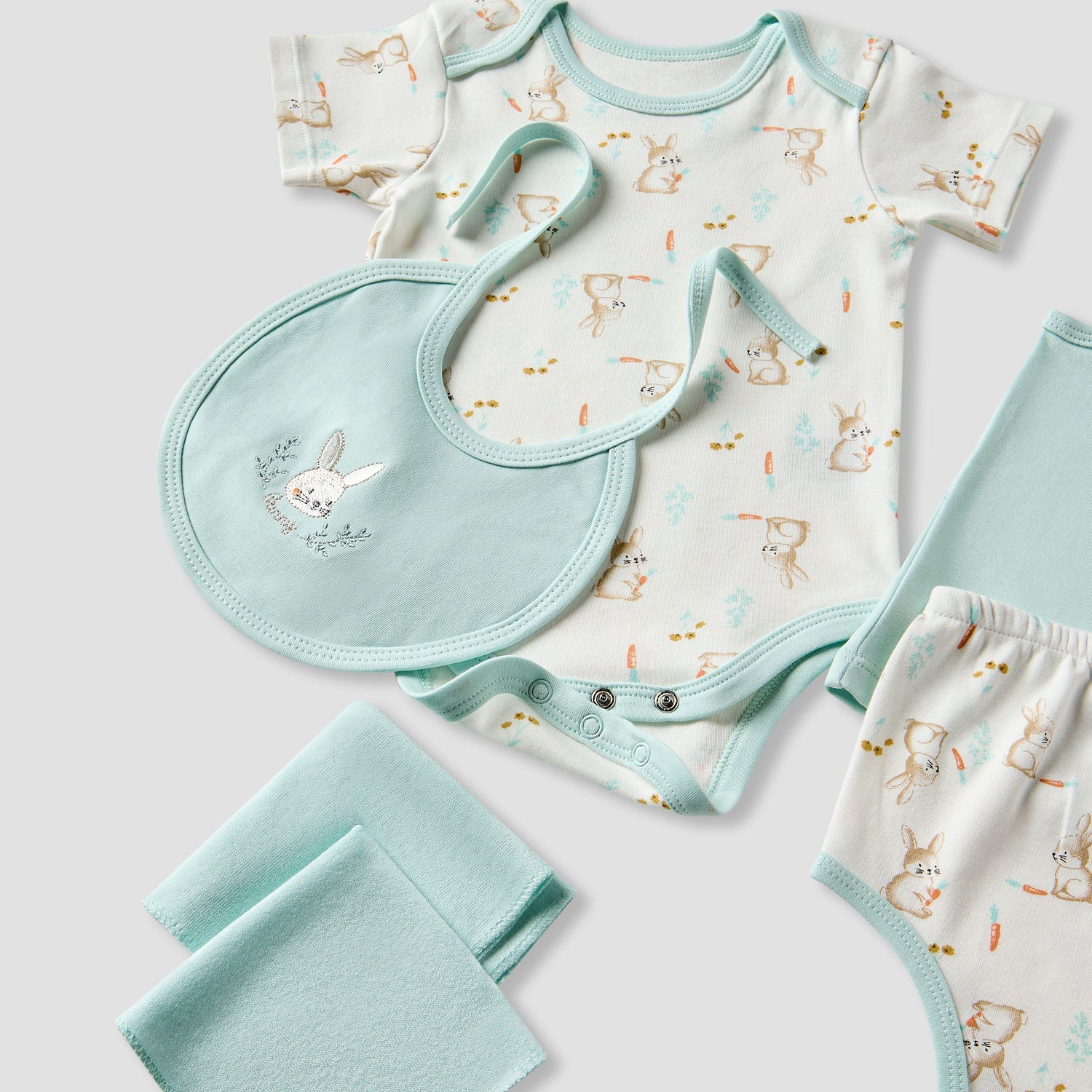 Juniors Girls 7-Piece Gift Set - Soft Cotton - Bodysuit, Bib, Booties - Bunny Print