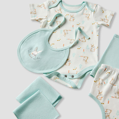 Juniors Girls 7-Piece Gift Set - Soft Cotton - Bodysuit, Bib, Booties - Bunny Print