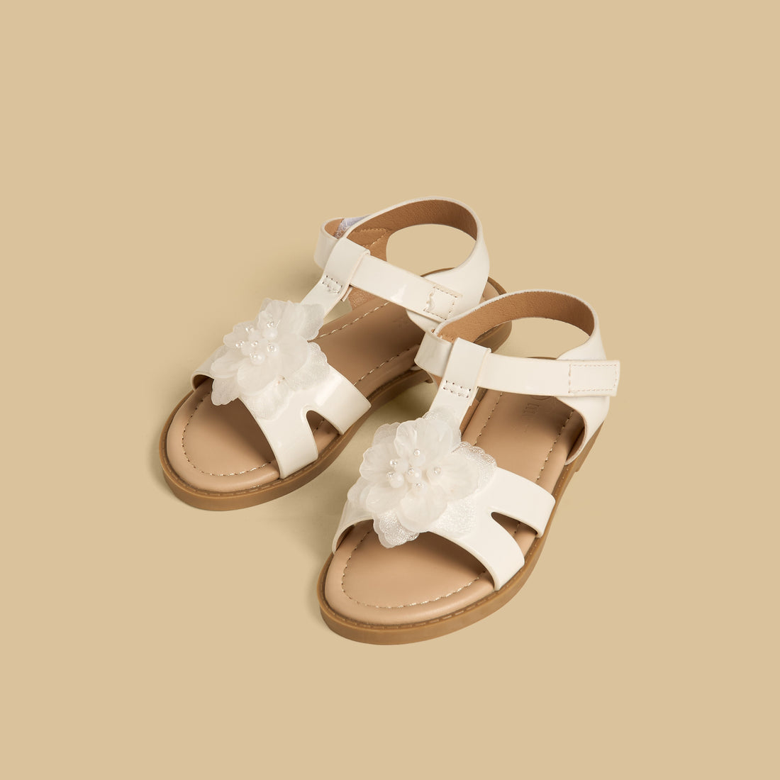 Floral Accent Sandals with Hook and Loop Closure - White / 20