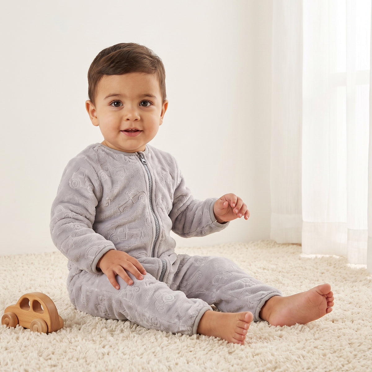 Juniors Crew Neck Long Sleeves Sleepsuit with Vehicle Embossing
