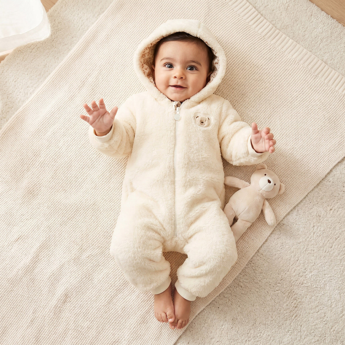 Juniors Plush Hooded Coverall with Embroidery Detail