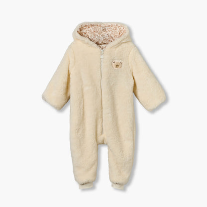 Juniors Plush Hooded Coverall with Embroidery Detail