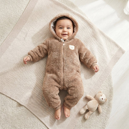 Juniors Plush Hooded Coverall with Embroidery Detail
