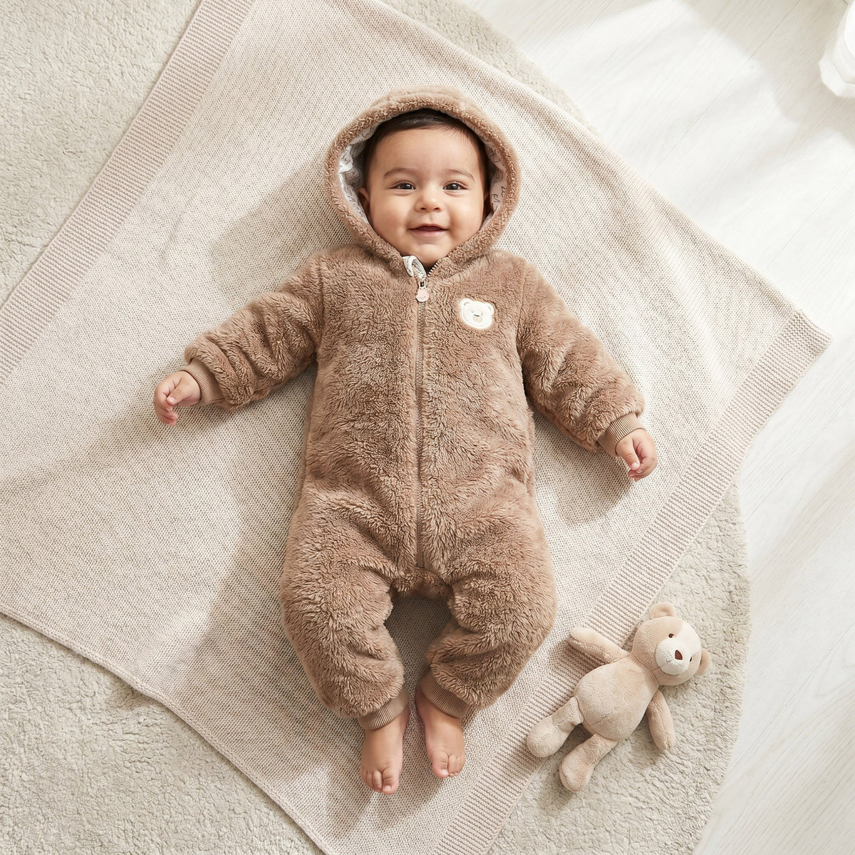 Juniors Plush Hooded Coverall with Embroidery Detail