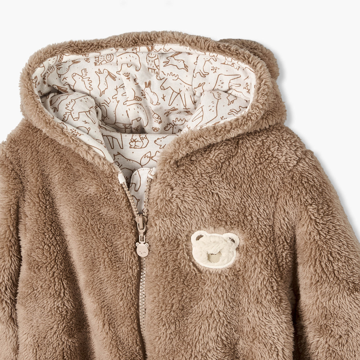 Juniors Plush Hooded Coverall with Embroidery Detail