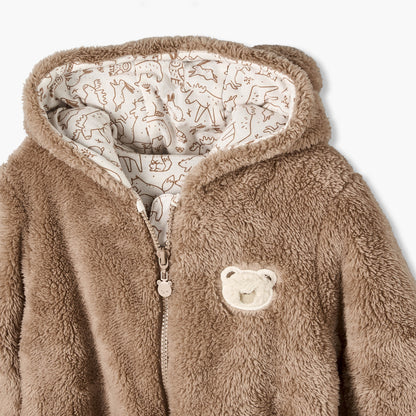 Juniors Plush Hooded Coverall with Embroidery Detail