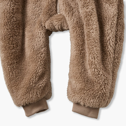 Juniors Plush Hooded Coverall with Embroidery Detail