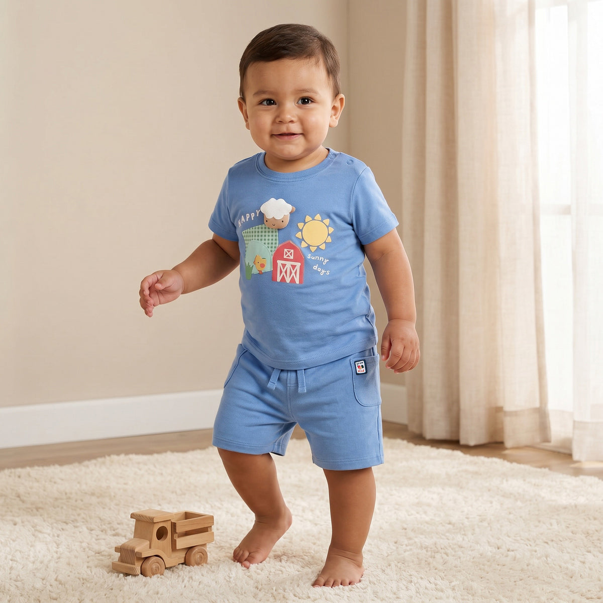 Juniors Crew Neck Short Sleeves T-shirt and Shorts Set with Farmyard Print - Blue / 12-18 mths