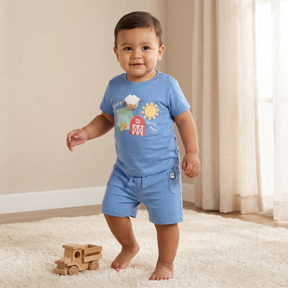 Juniors Crew Neck Short Sleeves T-shirt and Shorts Set with Farmyard Print - Blue / 12-18 mths