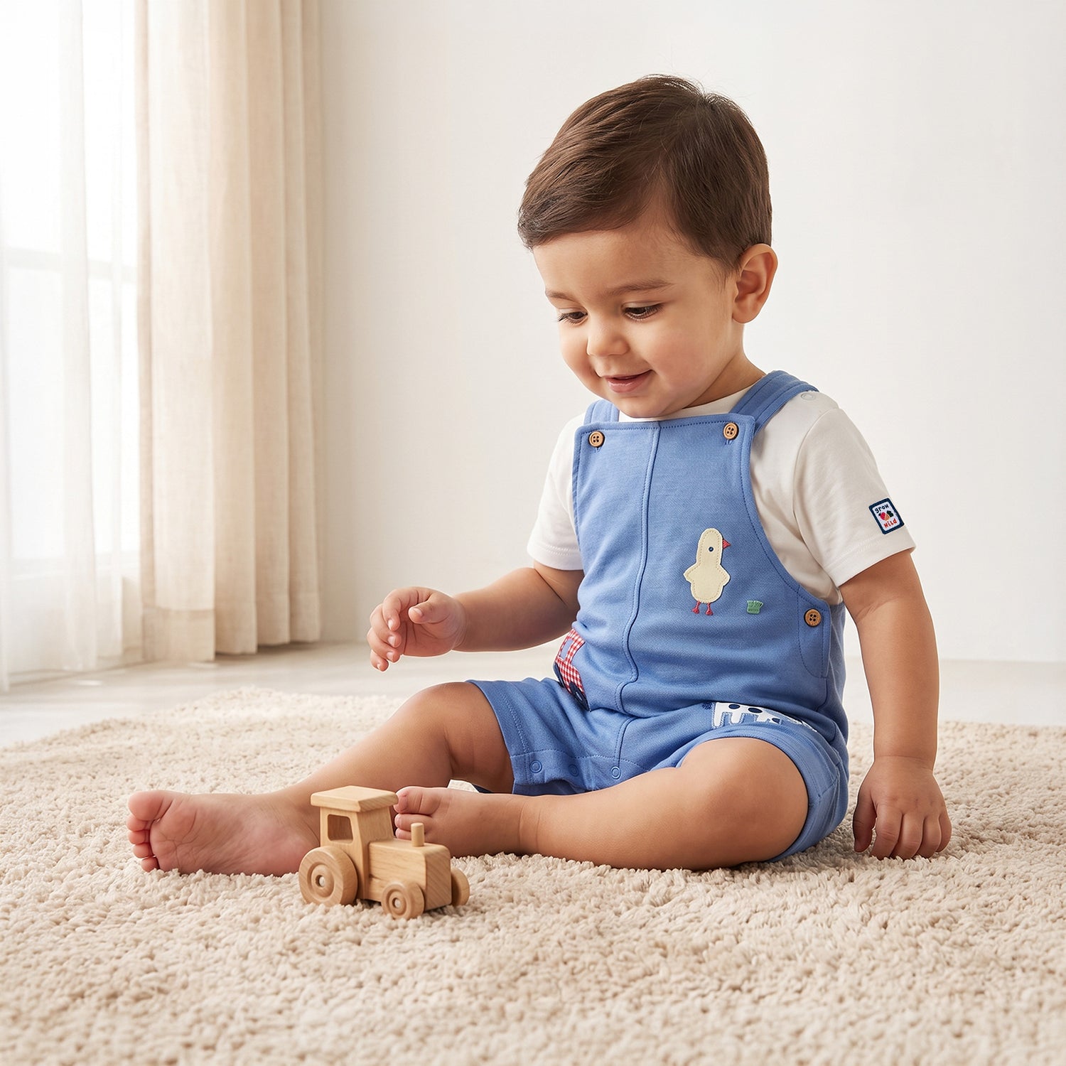 Juniors Round Neck Short Sleeves T-shirt and Dungaree Set with Applique - Blue / 12-18 mths
