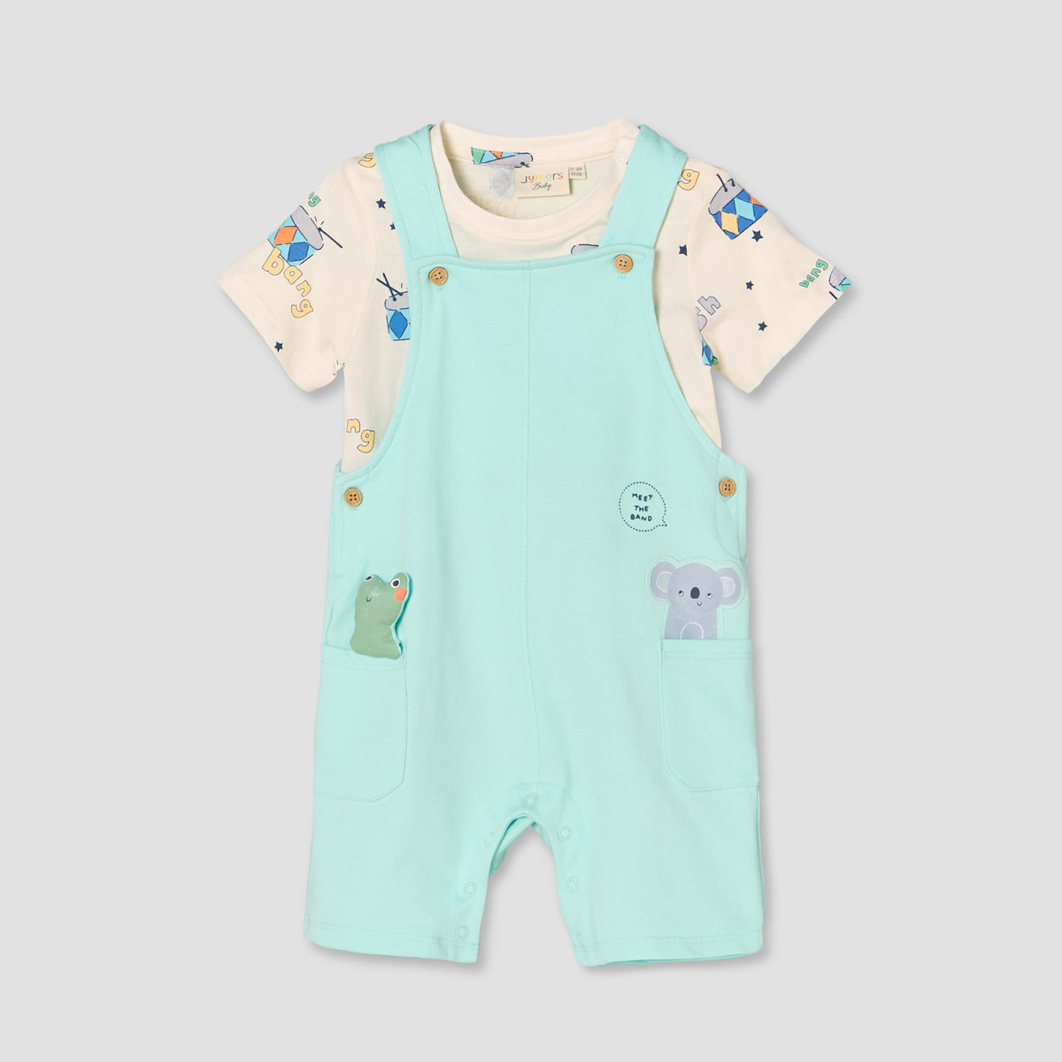 Juniors Round Neck Short Sleeves T-shirt and Dungaree Set with Drum Print