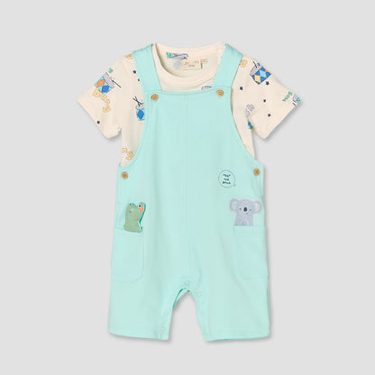 Juniors Round Neck Short Sleeves T-shirt and Dungaree Set with Drum Print