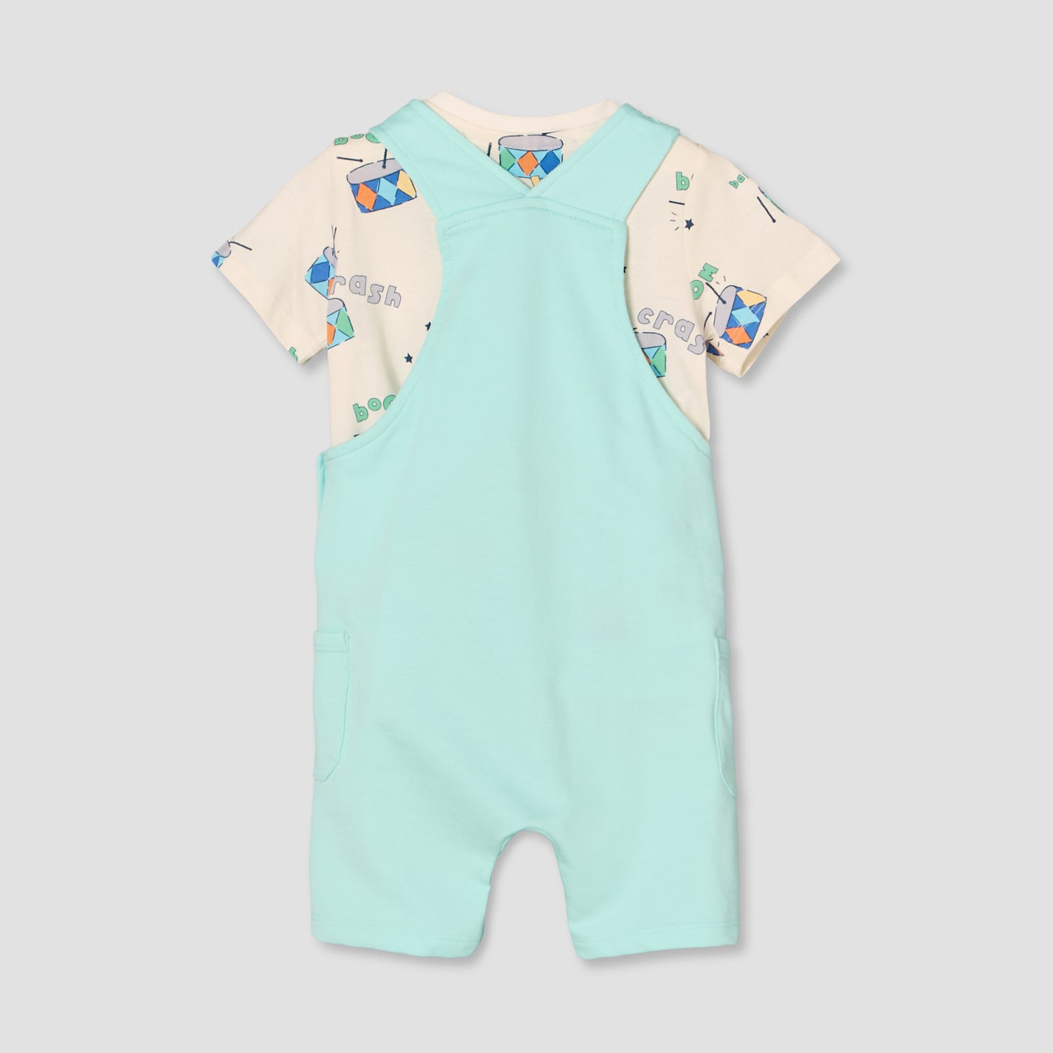 Juniors Round Neck Short Sleeves T-shirt and Dungaree Set with Drum Print