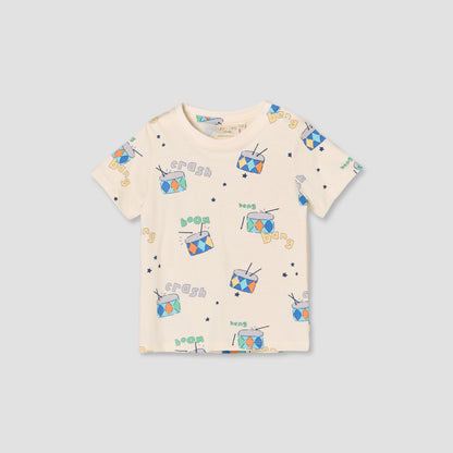 Juniors Round Neck Short Sleeves T-shirt and Dungaree Set with Drum Print