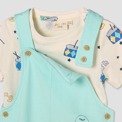 Juniors Round Neck Short Sleeves T-shirt and Dungaree Set with Drum Print