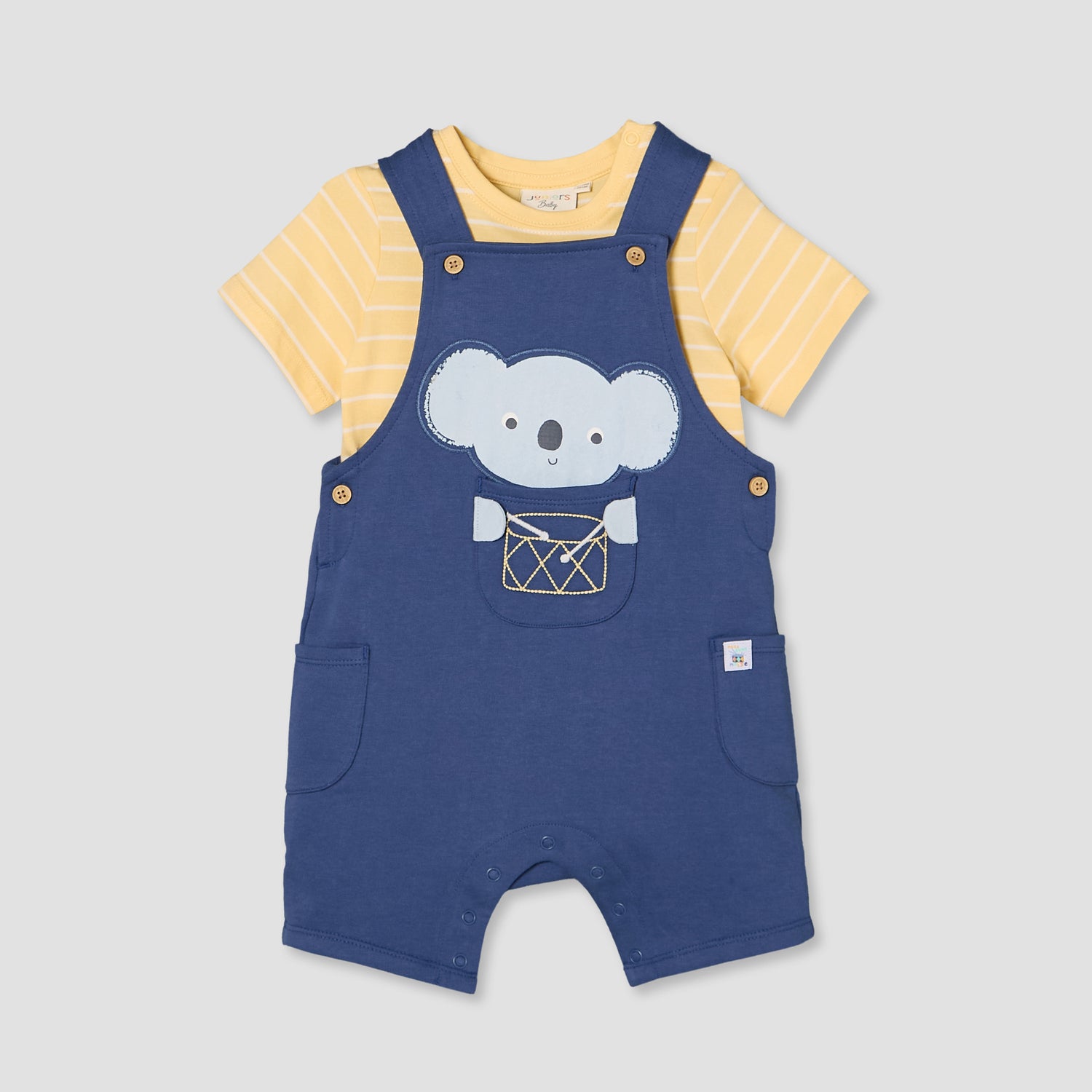 Juniors Round Neck Short Sleeves T-shirt and Dungaree Set with Drum Print