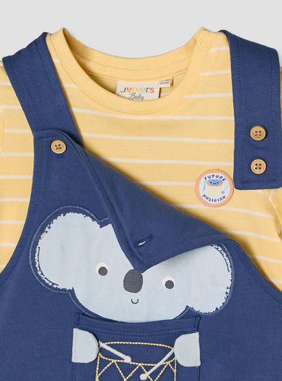 Juniors Round Neck Short Sleeves T-shirt and Dungaree Set with Drum Print-baby-boys-clothing-setsandcoords-image-6