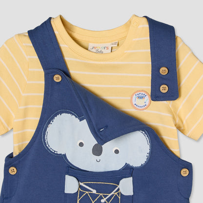 Juniors Round Neck Short Sleeves T-shirt and Dungaree Set with Drum Print