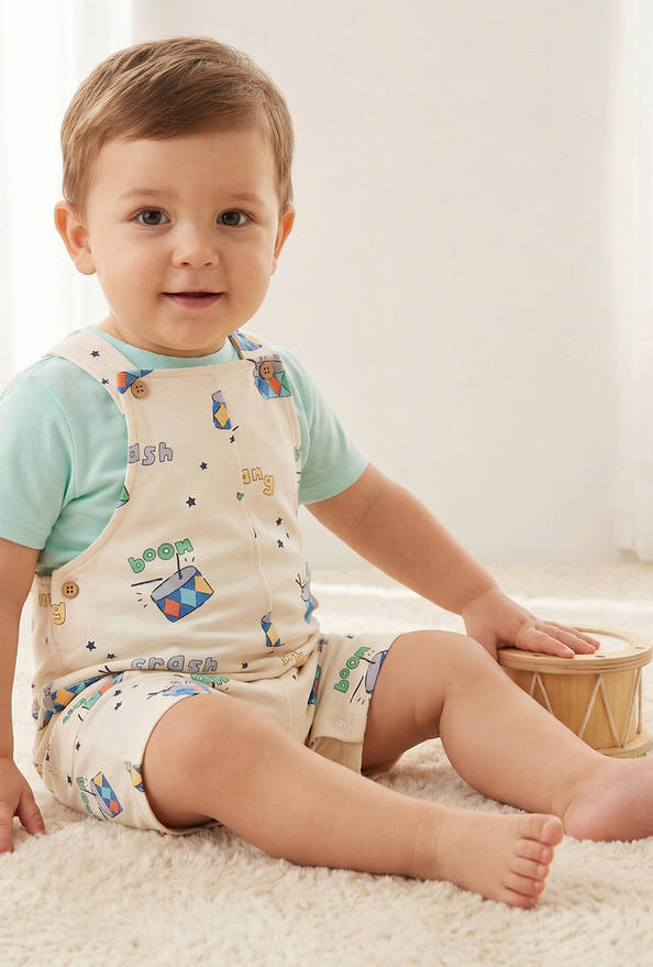 Juniors Round Neck Short Sleeves T-shirt and Dungaree Set with Drum Print