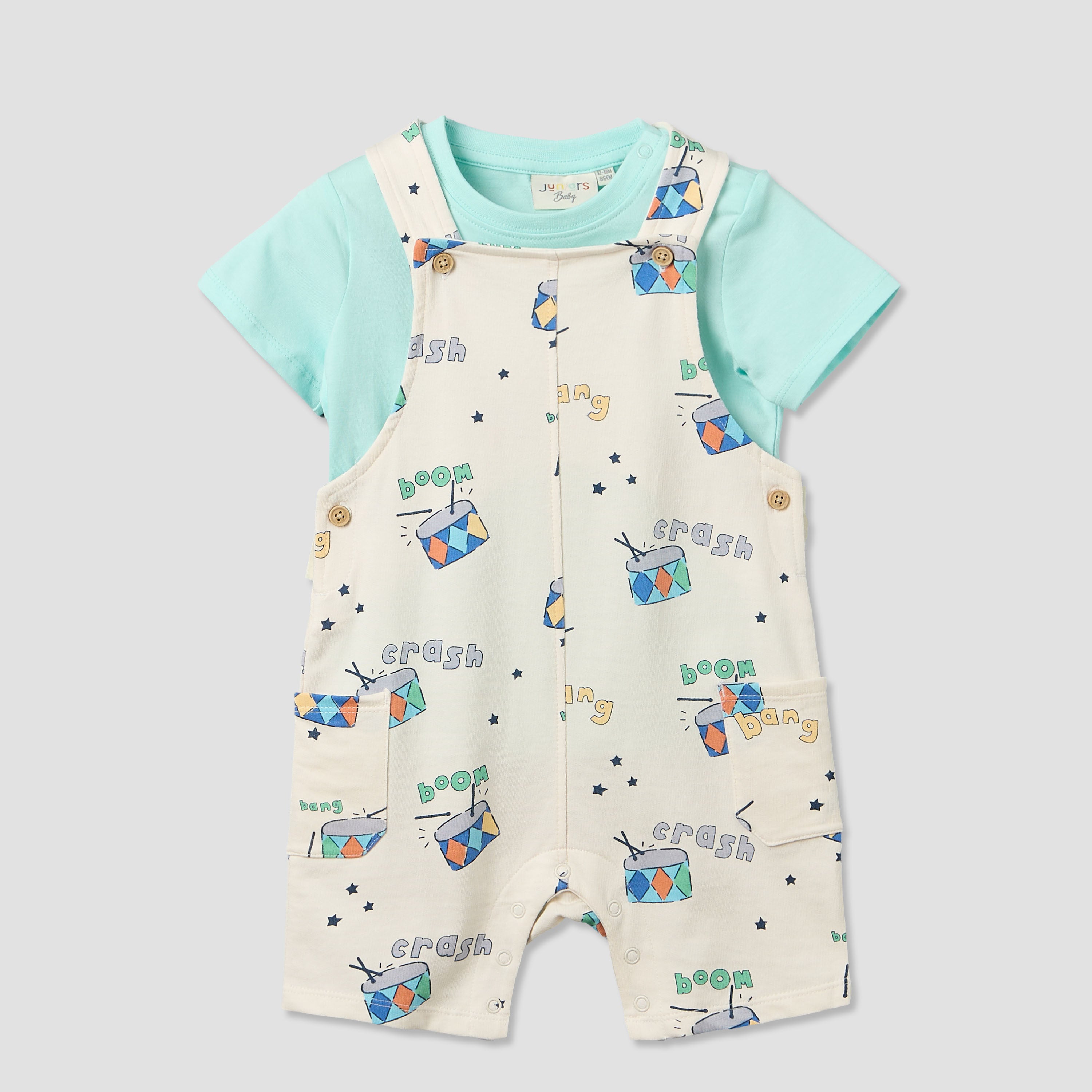 Juniors Round Neck Short Sleeves T-shirt and Dungaree Set with Drum Print