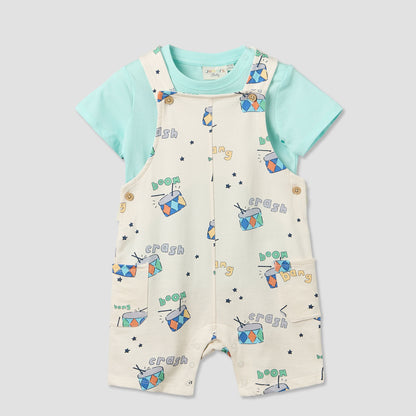 Juniors Round Neck Short Sleeves T-shirt and Dungaree Set with Drum Print
