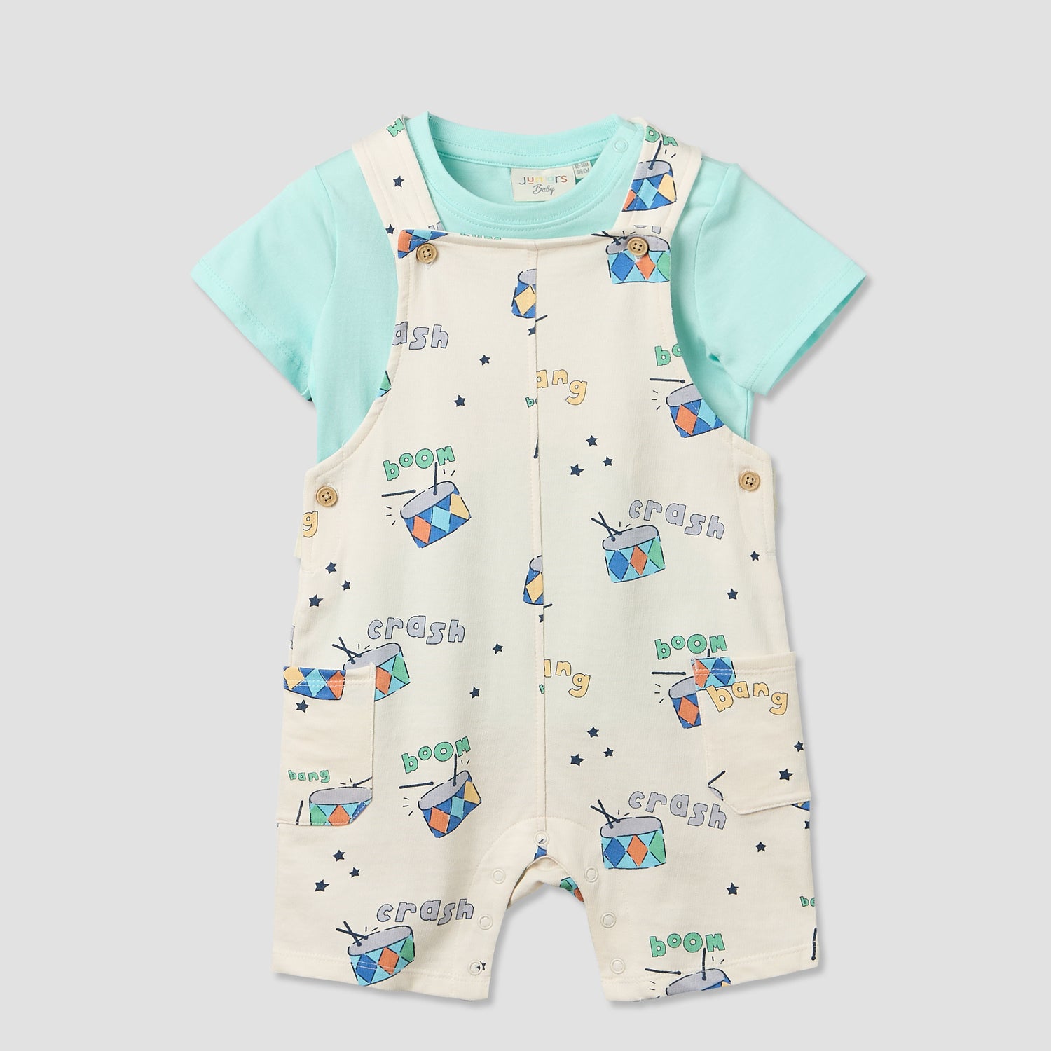 Juniors Round Neck Short Sleeves T-shirt and Dungaree Set with Drum Print