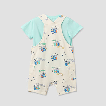 Juniors Round Neck Short Sleeves T-shirt and Dungaree Set with Drum Print
