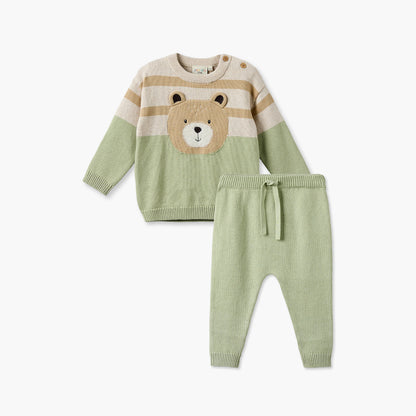 Juniors Crew Neck Long Sleeves Sweater and Pants Set with Bear Applique