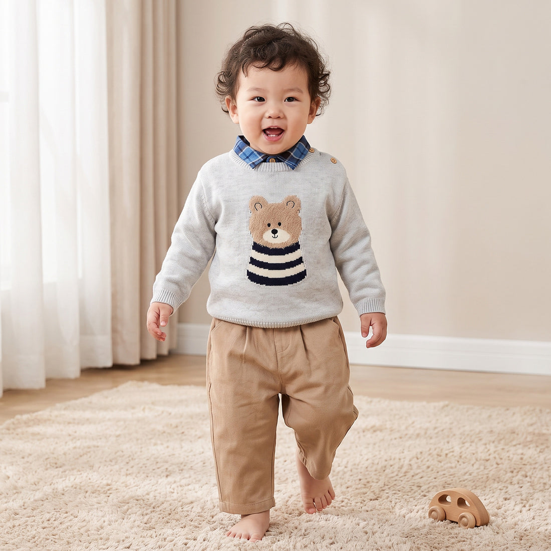 Juniors Collared Long Sleeves Sweater and Pants Set with Teddy Bear Applique