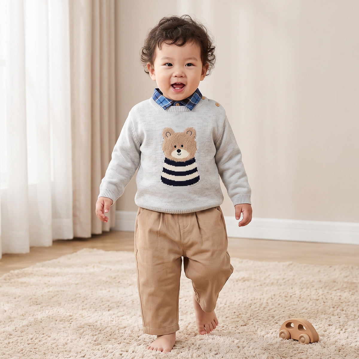 Juniors Collared Long Sleeves Sweater and Pants Set with Teddy Bear Applique
