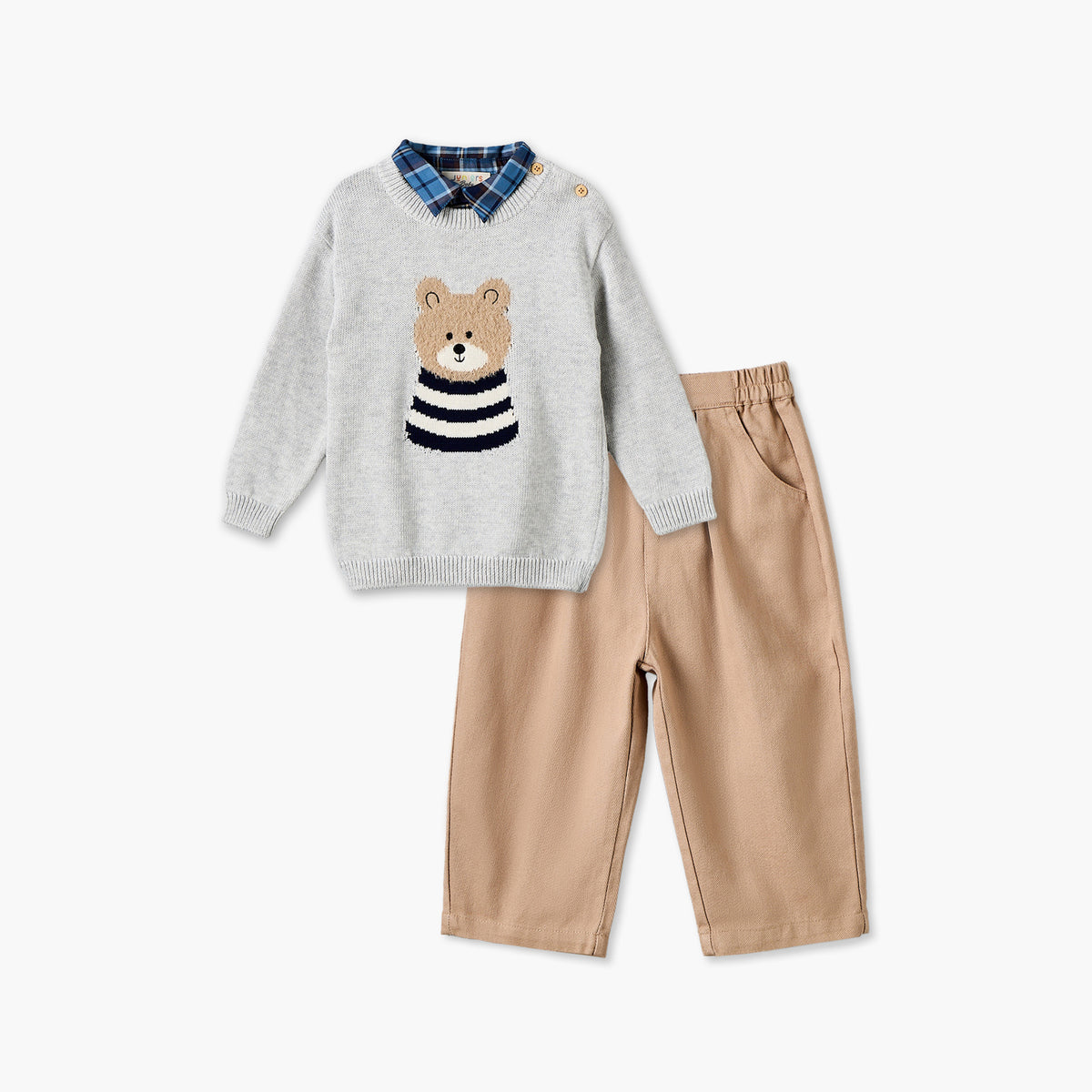 Juniors Collared Long Sleeves Sweater and Pants Set with Teddy Bear Applique