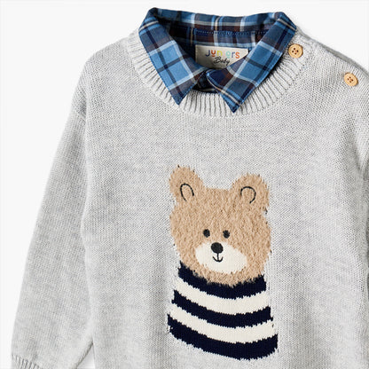 Juniors Collared Long Sleeves Sweater and Pants Set with Teddy Bear Applique