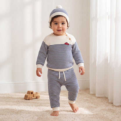 Juniors Crew Neck Long Sleeves Sweater and Joggers Set with Stripes - Grey / 12-18 mths