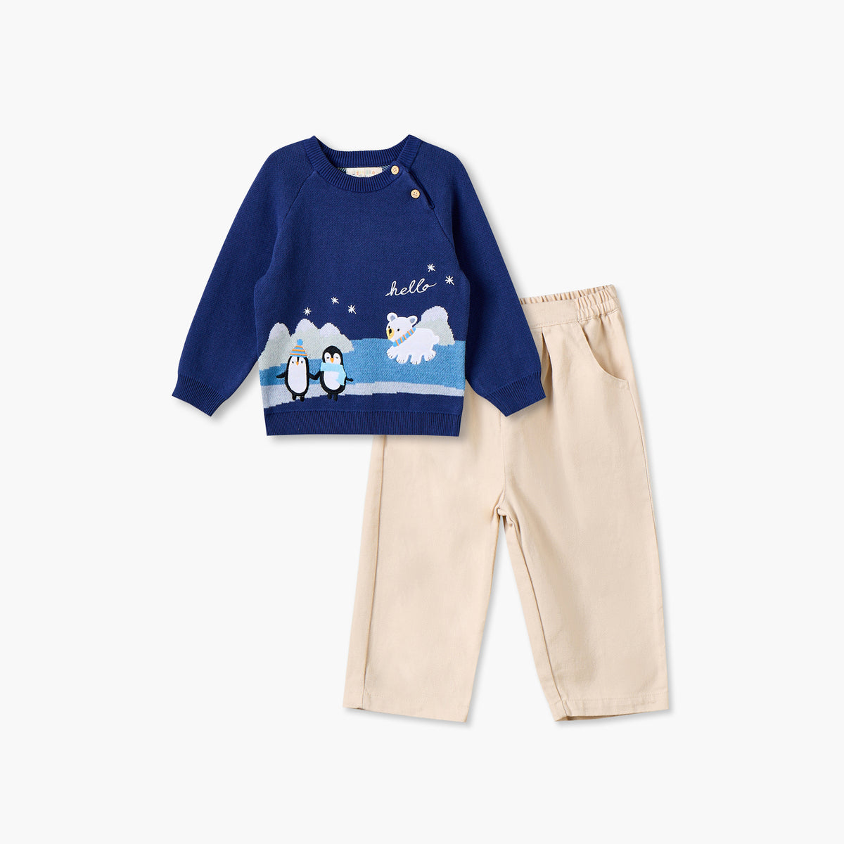 Juniors Crew Neck Long Sleeves Sweater and Pants Set with Penguin Applique