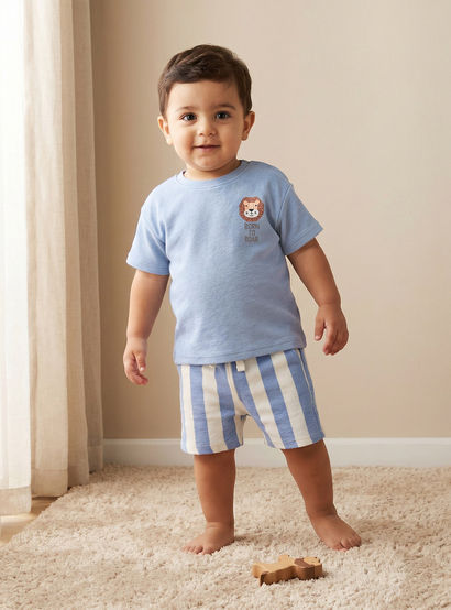 Juniors Round Neck Short Sleeves T-shirt and Shorts Set with Stripes-baby-boys-clothing-setsandcoords-image-1