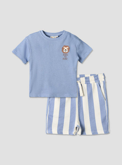 Juniors Round Neck Short Sleeves T-shirt and Shorts Set with Stripes-baby-boys-clothing-setsandcoords-image-2