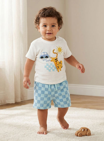 Juniors Round Neck Short Sleeves T-shirt and Shorts Set with Tiger Applique-baby-boys-clothing-setsandcoords-image-1