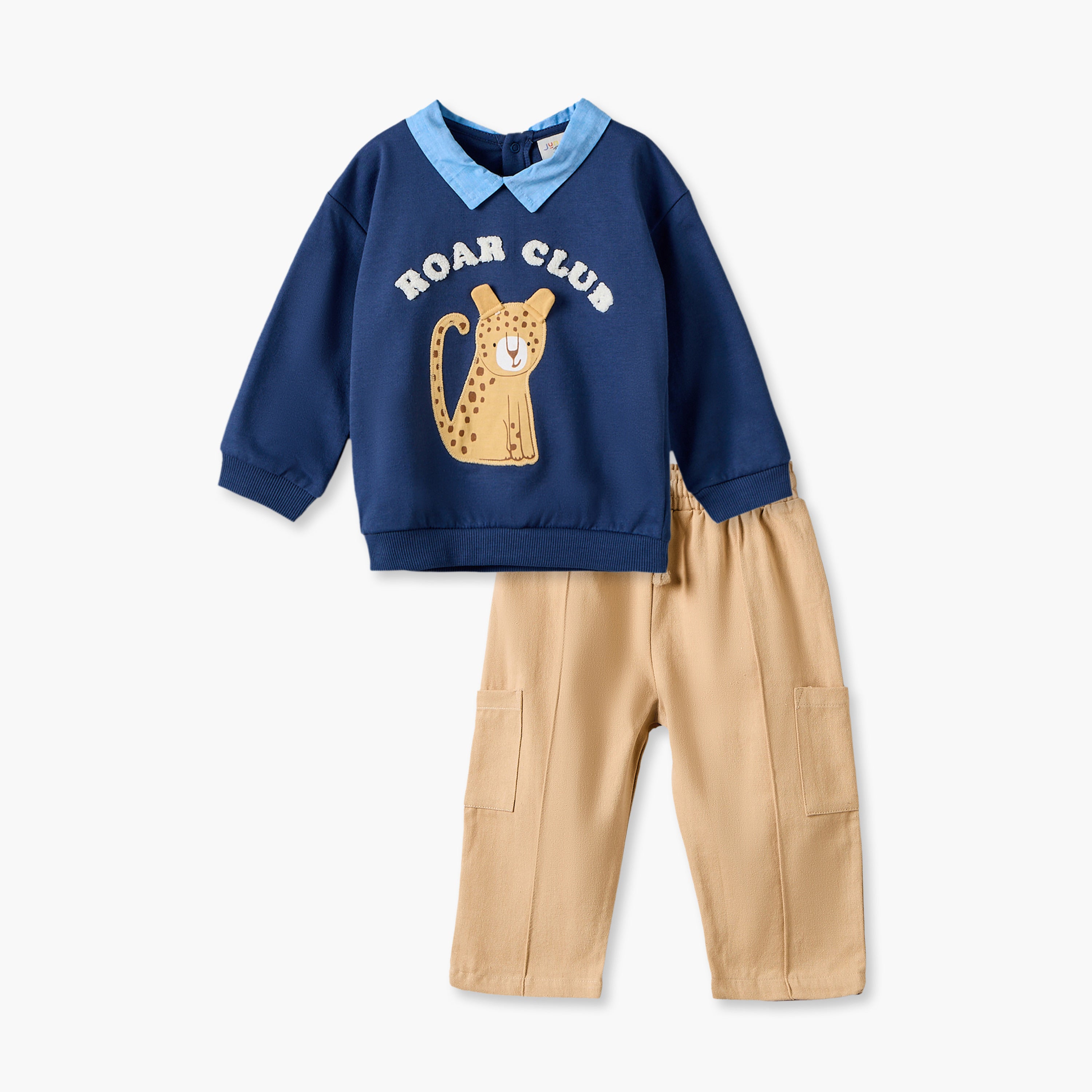Juniors Collared Long Sleeves Sweatshirt and Pants Set with Leopard Applique