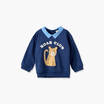 Juniors Collared Long Sleeves Sweatshirt and Pants Set with Leopard Applique