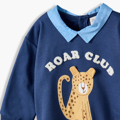 Juniors Collared Long Sleeves Sweatshirt and Pants Set with Leopard Applique