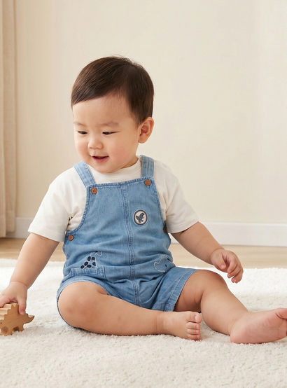 Juniors Round Neck Short Sleeves T-shirt and Dungaree Set with Dinosaur Embroidery-baby-boys-clothing-setsandcoords-image-1