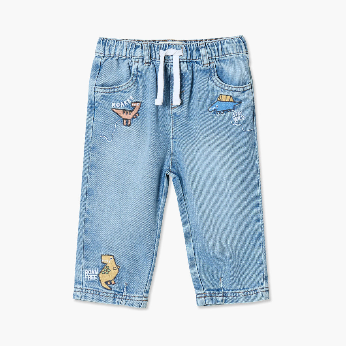 Juniors Jeans with Dinosaur Embroidery, Drawstring Waist - Blue / 12-18 mths