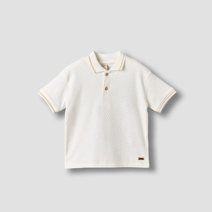 Giggles Collared Short Sleeves Polo T-shirt with Textured Design - Cream / 12-18 mths