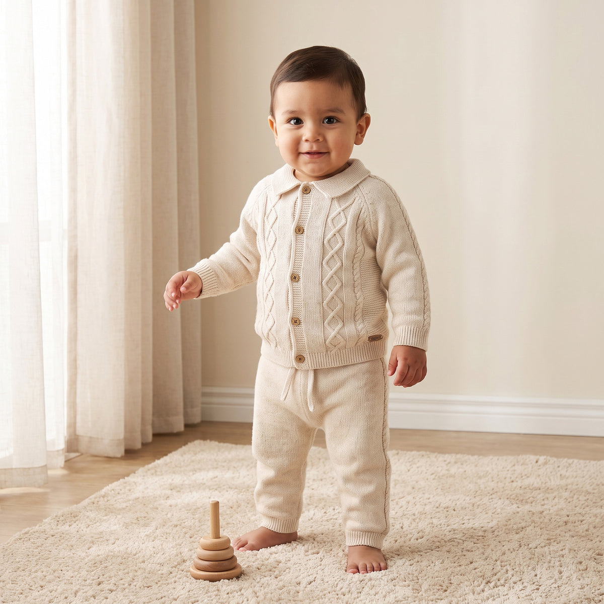 Giggles Collared Long Sleeves Cardigan and Jogger Set with Knitted Texture