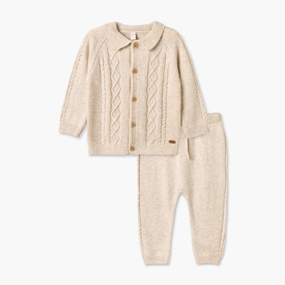 Giggles Collared Long Sleeves Cardigan and Jogger Set with Knitted Texture